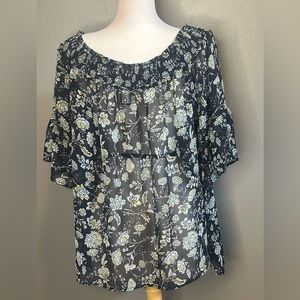 torrid Black Floral Smocked Neck semi sheer Peasant Top